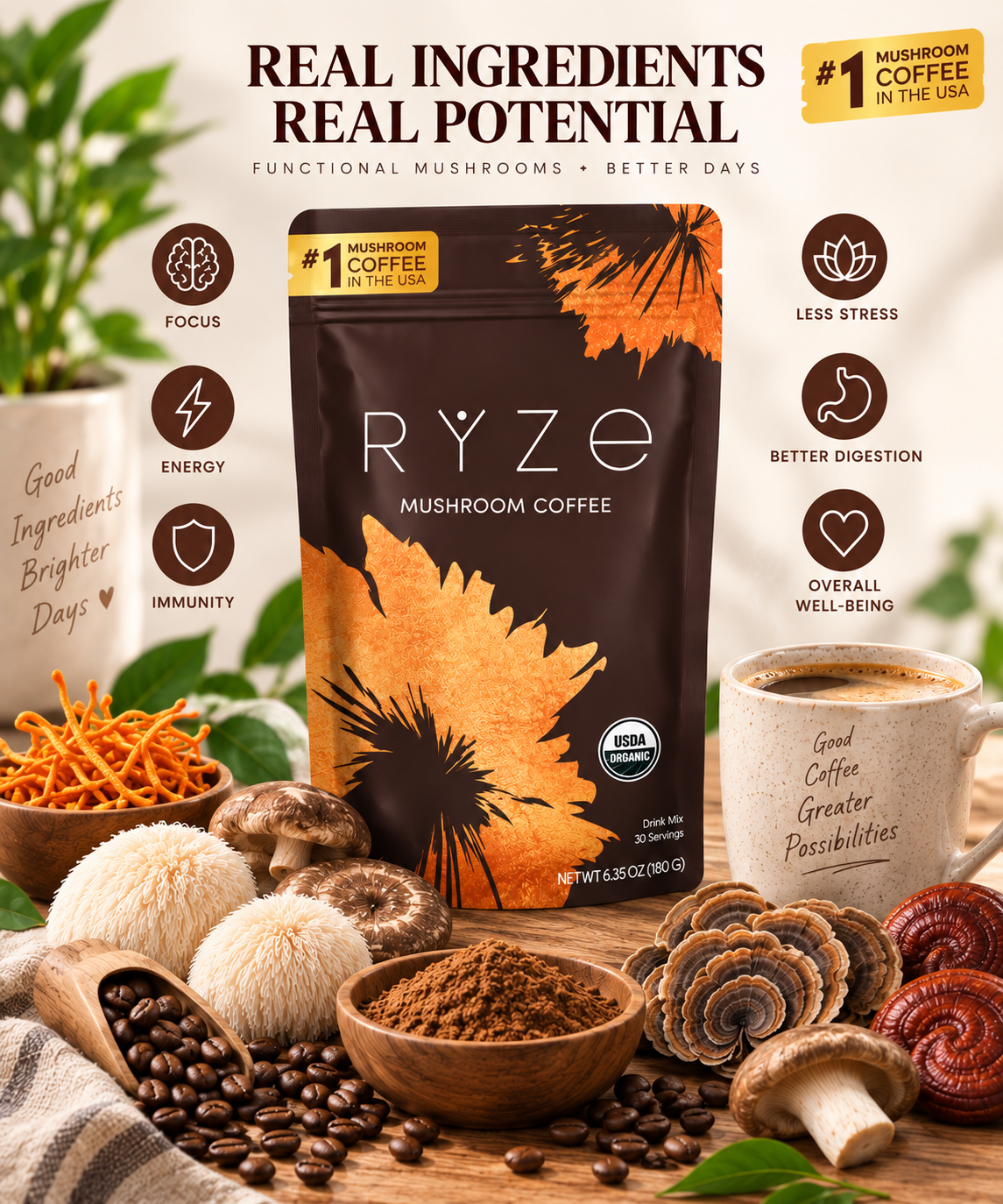 RYZE Mushroom Coffee – 30 Servings | Organic Focus & Energy Blend