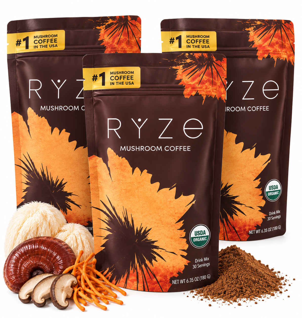 RYZE Mushroom Coffee – Pack of 3 | 90 Servings of Organic Focus & Energy